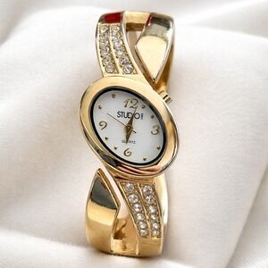 Studio Gold Tone Rhinestone Cuff Bracelet Watch Quartz Y2K